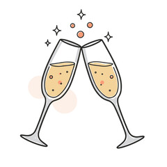 Two champagne glasses clinking with bubbles in hand-drawn style  