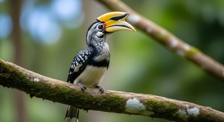 Striking Yellow-Billed Hornbill Perched on a Branch in Lush Green Jungle, Showcasing Exotic Wildlife and Natural Beauty
