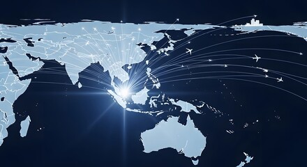 Global Logistics Network with Glowing Connections Spreading from Southeast Asia Across Continents, Illustrating Seamless International Trade and Supply Chain Management