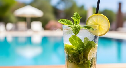 Refreshing Mojito by the Poolside, Perfect for a Sunny Summer Vacation and Relaxing Resort Getaway