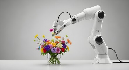Robotic Arm Gently Arranging Vibrant Flowers in a Vase: A Symphony of Precision, Innovation, and Natural Beauty, Symbolizing Future Harmony