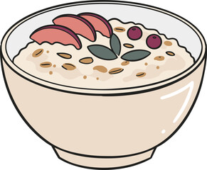 Bowl of oatmeal with fruit and seeds in hand-drawn style  