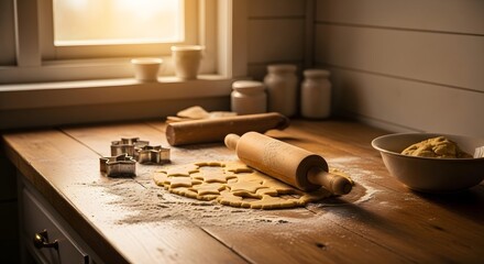 Warm Kitchen Scene with Cookie Dough and Rolling Pin on a Rustic Wooden Countertop, Ready for Homemade Holiday Baking Traditions and Family Fun