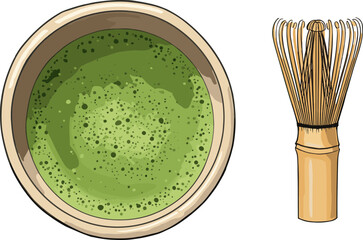 Bowl of matcha tea and bamboo whisk in hand-drawn style  