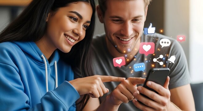 Young couple happily using a smartphone together experiencing social media engagement and online communication