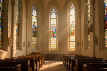 Fototapeta premium A peaceful church interior with stained glass windows, sunlight casting colorful patterns inside.