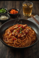 an irresistibly mouthwatering Korean Spicy Chicken Pasta, presented in a matte black, wide ceramic bowl placed elegantly on a dark, rustic wooden table