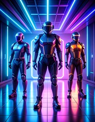 Three futuristic figures in shiny suits and neon-lit helmets stand in a glowing room, blending sci-fi aesthetics with vibrant, high-tech ambiance.