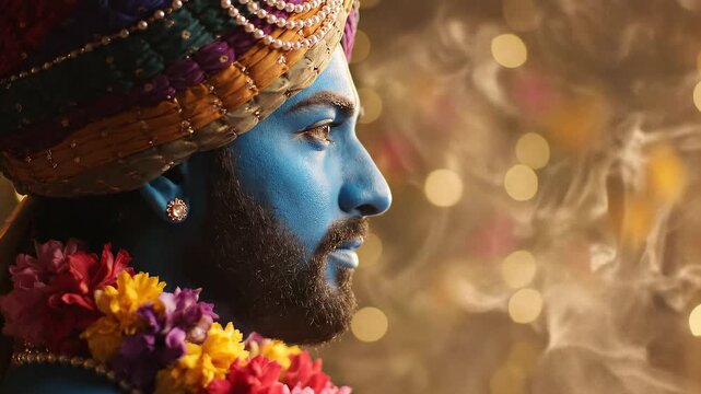 Mystical blue-skinned man in colorful traditional attire and floral garland, profile view against a festive bokeh background, symbolizing devotion.