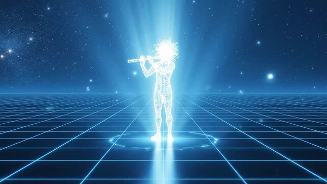 Luminous Flutist on Futuristic Digital Grid in Cosmic Space - Virtual Reality Music Concept