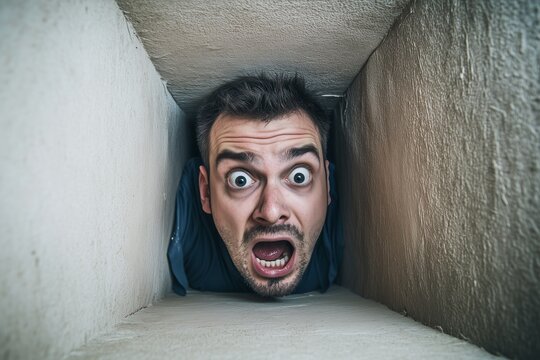 Claustrophobia affecting man crawling through tight ventilation shaft with wide terrified eyes and an intense emotional breakdown expression