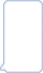 This image displays a vertical speech bubble with rounded corners. The border of the speech bubble is light blue and features a dashed line pattern. The interior of the bubble is solid white.