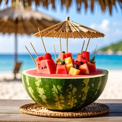 Billes de melon de de pastèques accompagnées d'autres fruits d'été et présentées sur des petites piques dans une moitié de pastèque. Cadre estival en bord de mer. Generated image