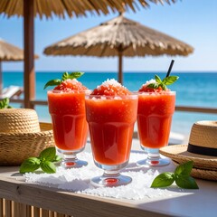 Granité de tomate et basilic sur un comptoir de paillotte au bord de mer . Generated Image.