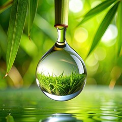 Goutte d'eau s'écoulant d'une tige de bambou, réfléchissant un environnement verdoyant. Generated image
