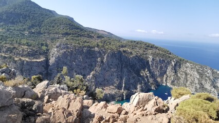 Luftaufnahmen Blick auf die Schmetterlingsschlucht in der Nähe von Oludeniz, Fethiye, Türkei
