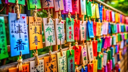 Fototapeta premium A closeup view of numerous colorful japanese prayer tags ema hanging on a string at a shrine, each inscribed with wishes and symbols