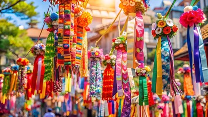 Fototapeta premium Vibrant and colorful japanese festival decorations, featuring hanging streamers, ribbons, and floral ornaments, adorning a street during a traditional summer celebration