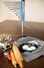 Ingredients equipment for home made tagliatelle with eggs