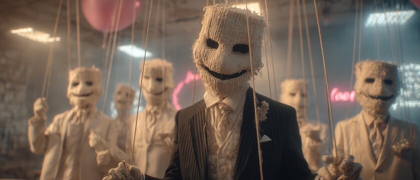 A surreal scene of a puppet master in a futuristic classroom, controlling eerie puppets with stitched faces. The atmosphere is unsettling yet captivating, evoking themes of manipulation and control.