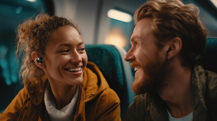Fototapeta premium Two travelers share a joyful moment on a train, laughing and connecting despite language barriers using an AI powered translation earbud.