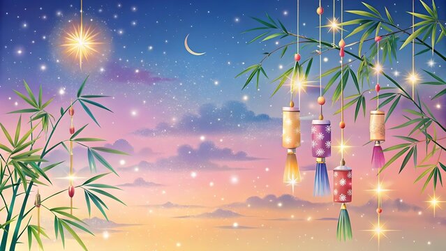 Magical night sky filled with stars and a crescent moon, with colorful lanterns hanging from bamboo branches, creating a dreamy and festive atmosphere