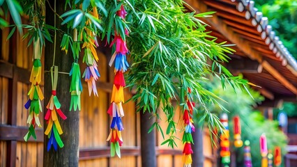 Colorful traditional decorations hanging from bamboo branches in front of a wooden building, evoking a sense of asian culture and festivity