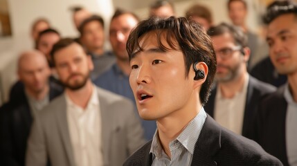A focused Korean founder speaks intently during a startup pitch in Silicon Valley using an AI translation earbud, surrounded by an engaged audience, embodying ambition and innovation.