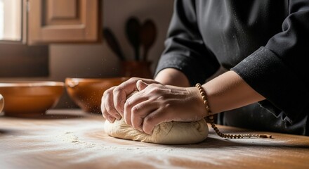 Close-up of hands kneading dough on a wooden surface, dusted with flour