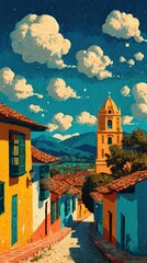 Vibrant Colombian landscape with colorful colonial houses, winding streets, and a striking bell tower under a bright blue sky. The scene evokes a sense of tranquility and charm.