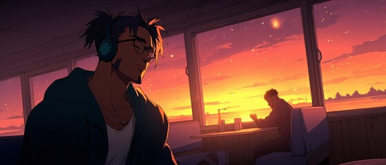 Sunset glow fills a cozy diner, where a young man with headphones relaxes, lost in thought, while another quietly engages with his phone. A tranquil moment of reflection and connection.