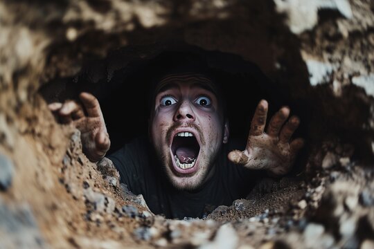 Fear of Being Buried Alive illustrated by terrified man crawling out of muddy tunnel reaching for help with panicked expression