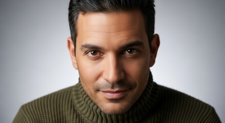 Obraz premium Close-up portrait of a man with dark hair and brown eyes wearing a green turtleneck sweater