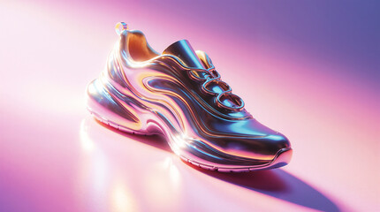 shoes in neon chrome futuristic style with bright background, bright colors, melting shapes, digital surrealism