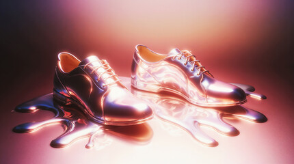shoes in neon chrome futuristic style with bright background, bright colors, melting shapes, digital surrealism