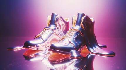 shoes in neon chrome futuristic style with bright background, bright colors, melting shapes, digital surrealism