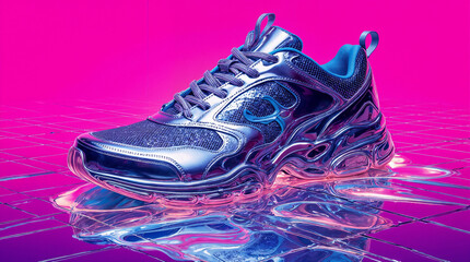 shoes in neon chrome futuristic style with bright background, bright colors, melting shapes, digital surrealism