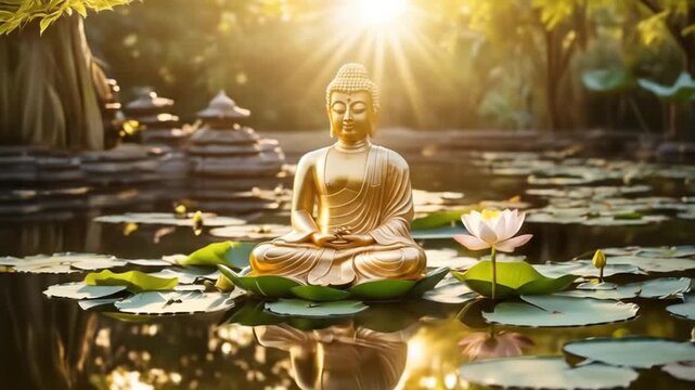 Serene Buddha statue amidst lotus flowers floating in a serene pond illuminated by sunlight. 4k videos