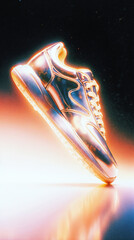 shoes in neon chrome futuristic style with bright background, bright colors, melting shapes, digital surrealism