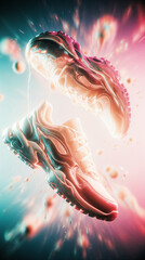 shoes in neon chrome futuristic style with bright background, bright colors, melting shapes, digital surrealism
