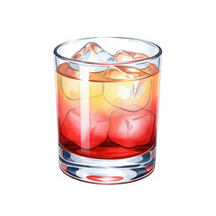 Watercolor illustration of a layered cocktail with ice in a rocks glass. Refreshing alcoholic beverage isolated on a transparent background. Hand drawn drink menu art.