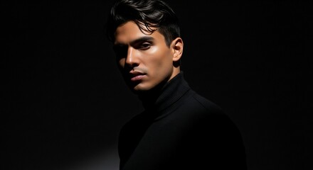 Dramatic Portrait of a Man in Black Turtleneck with Strong Side Lighting
