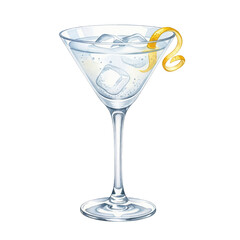 Classic cocktail in a martini glass with ice cubes and a lemon peel garnish. Watercolor illustration of a refreshing alcoholic beverage on a transparent background.