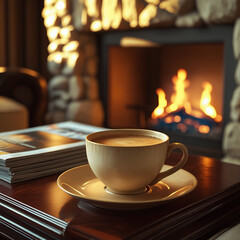 A stunning and vibrant cinematic photo of a cup of coffee sitting on a wooden magazine table in front of a warm and cozy fireplace