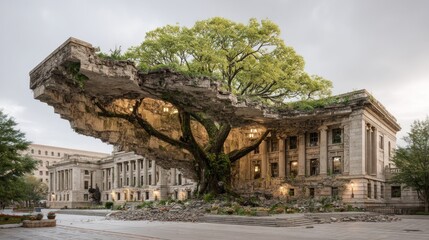Naklejka premium Surreal Symbiosis: An Ancient Tree Growing Through an Abandoned Building