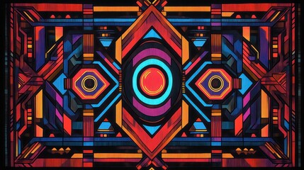 Symmetrical, vibrant geometric design featuring eyes and a central, glowing circular motif