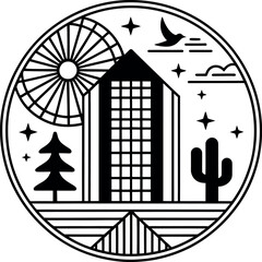 A circular emblem featuring a building, sun, tree, cactus, bird, stars, and mountain in black lines