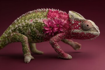 Obraz premium Colorful Chameleon with Flowers on a Burgundy Background