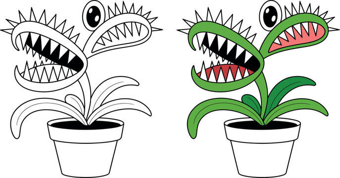 Illustration of a cartoon venus flytrap plant in a pot, one colored and one in black and white