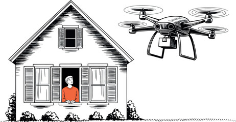 A man looking out of a window as a drone with a package approaches a house in a black and white sketch